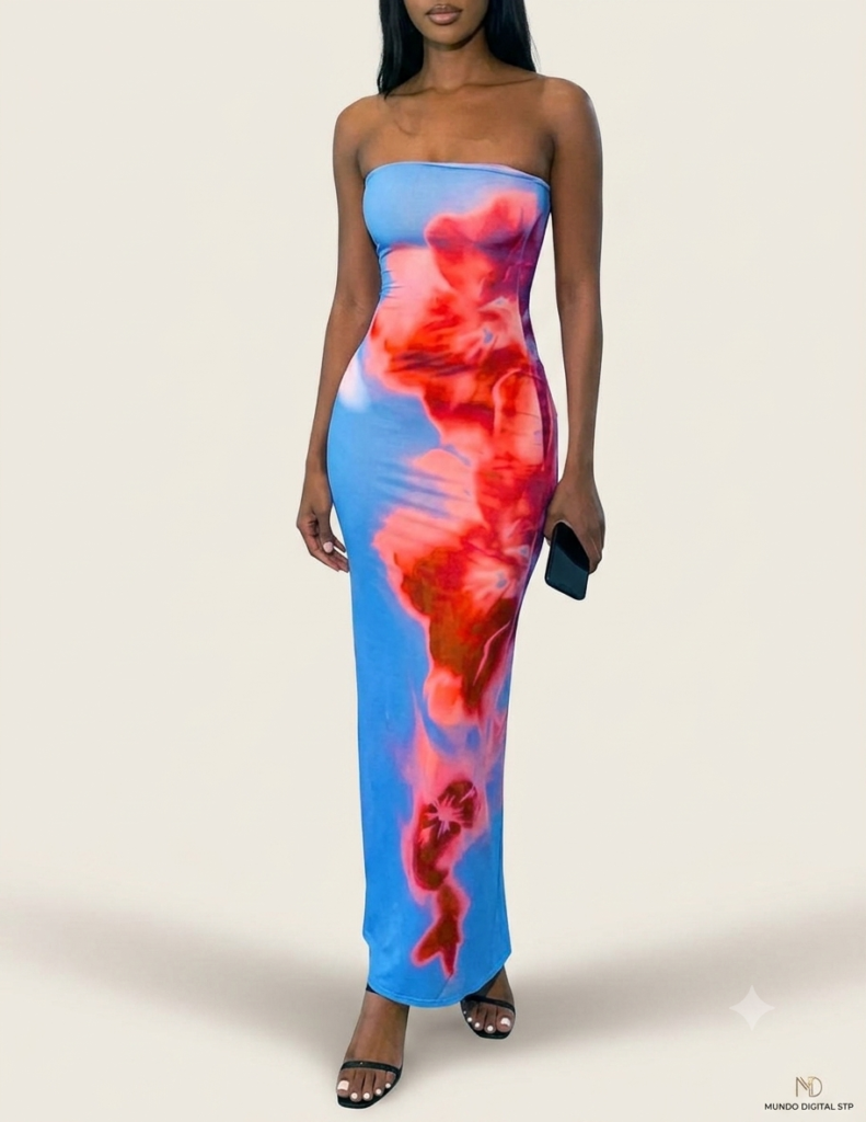 Vestido Longo Tubinho Tomara que Caia – Estampa Abstrata Térmica