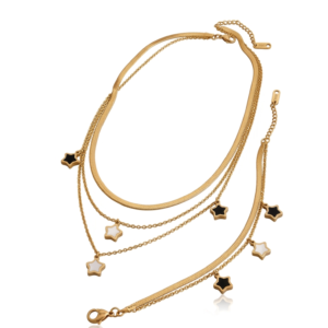 Conjunto de Colar Multicamadas dourado e Estrelas de Esmalte